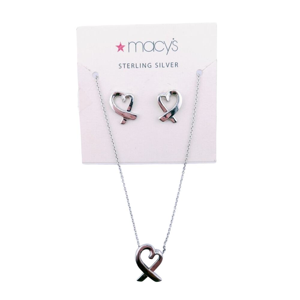 Macy's Sterling Silver Cancer Ribbon Earrings and Pendant Necklace Set NEW